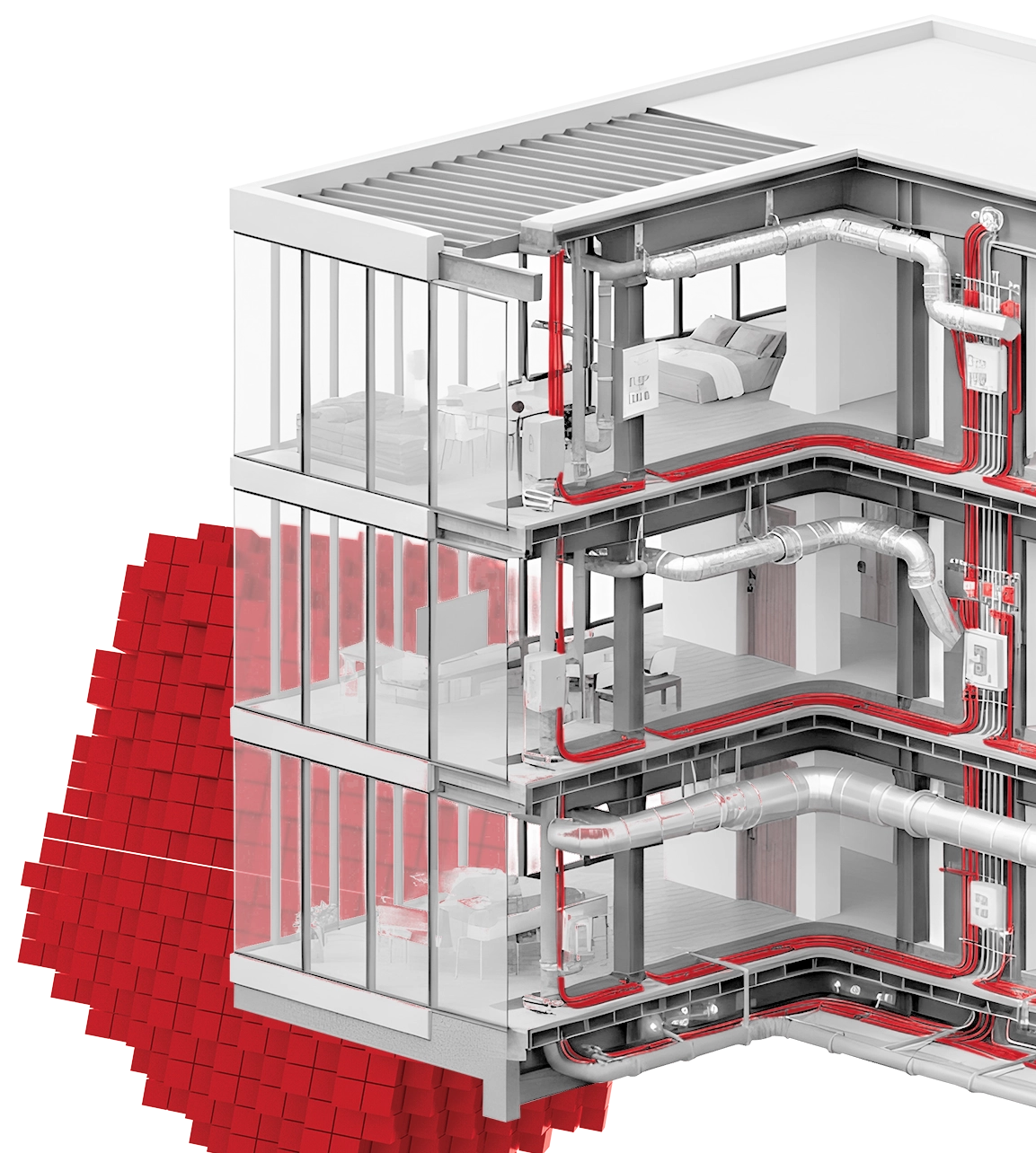 3D-Schnittstellenansicht eines Bürogebäudes auf dem Rohr- und Haustechniksysteme hervorgehoben sind