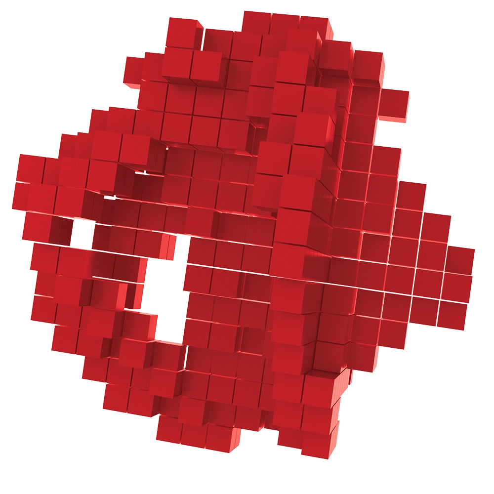 Abstrakte 3D-Pixelgrafik die die digitale Schnittstelle der TGA Planung und Haustechnik darstellt