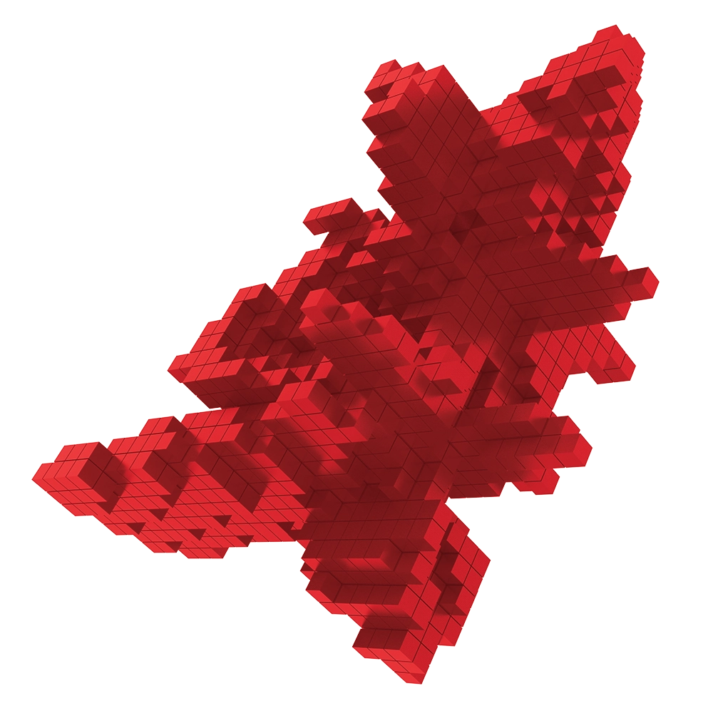 Abstrakte 3D-Pixelgrafik die die digitale Schnittstelle der TGA Planung und Haustechnik darstellt