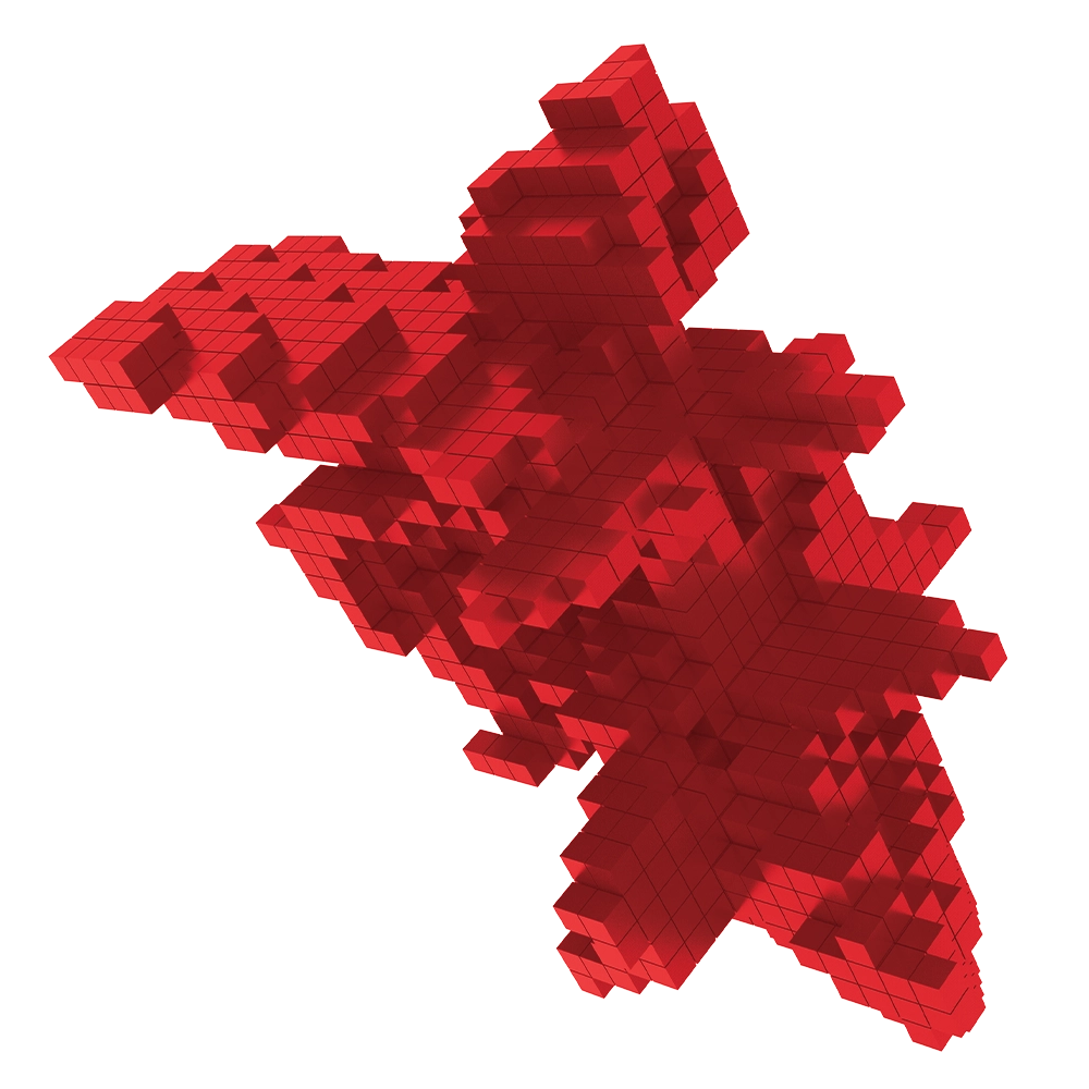 Abstrakte 3D-Pixelgrafik die die digitale Schnittstelle der TGA Planung und Haustechnik darstellt