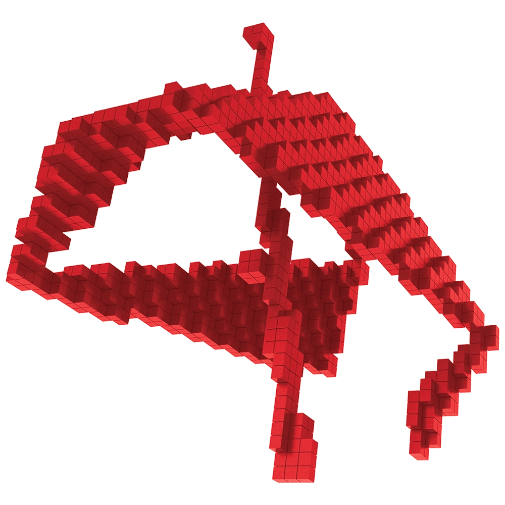 Abstrakte 3D-Pixelgrafik die die digitale Schnittstelle der TGA Planung und Haustechnik darstellt