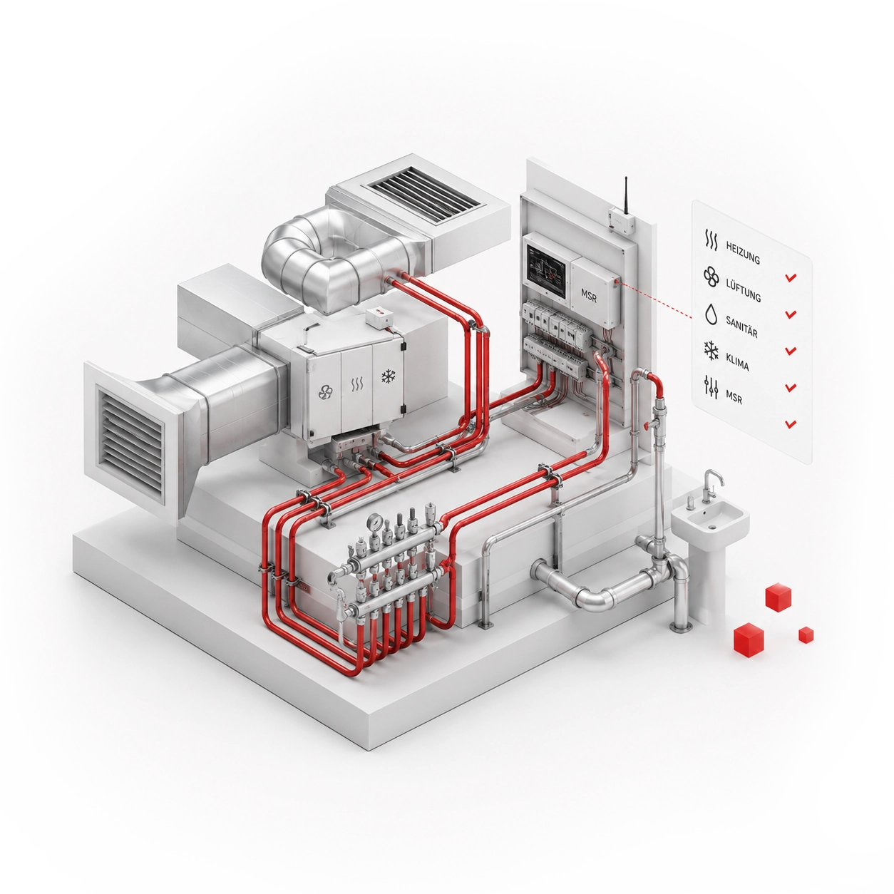 Moderne 3D-Grafik zeigt Heizungs-, Lüftungs-, Sanitär, Klima- & MSR-Techniken auf, kurz HSLK- & MSR