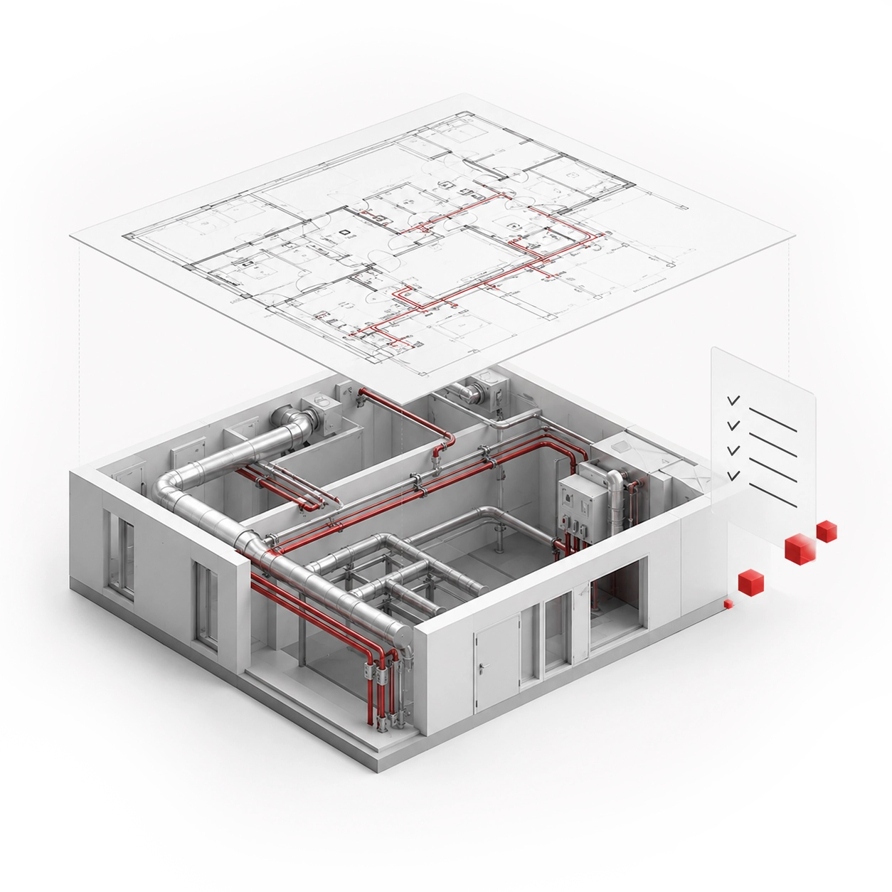 Moderne 3D-Grafik zeigt ein Industriegebäude, darüber schwebt ein digitaler TGA-Plan
