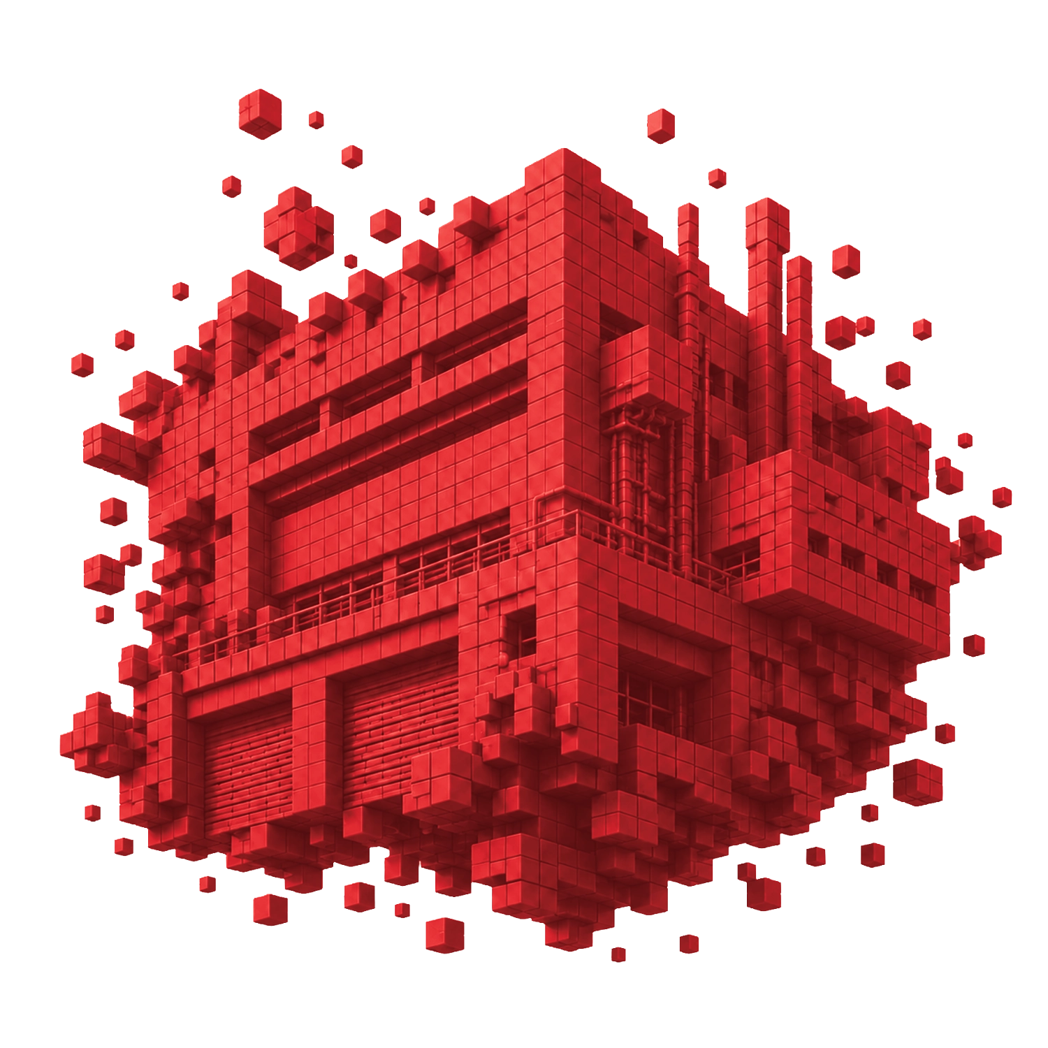 Industriegebäude und Haustechniksysteme im Stil einer abstrakten 3D-Pixelgrafik
