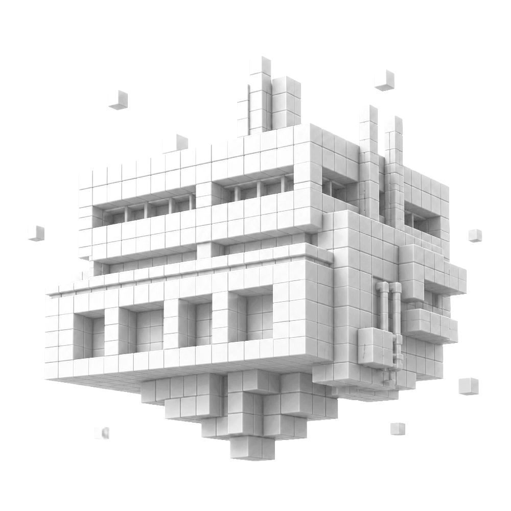 Industriegebäude im Stil einer abstrakten 3D-Pixelgrafik die Haustechnik symbolisiert