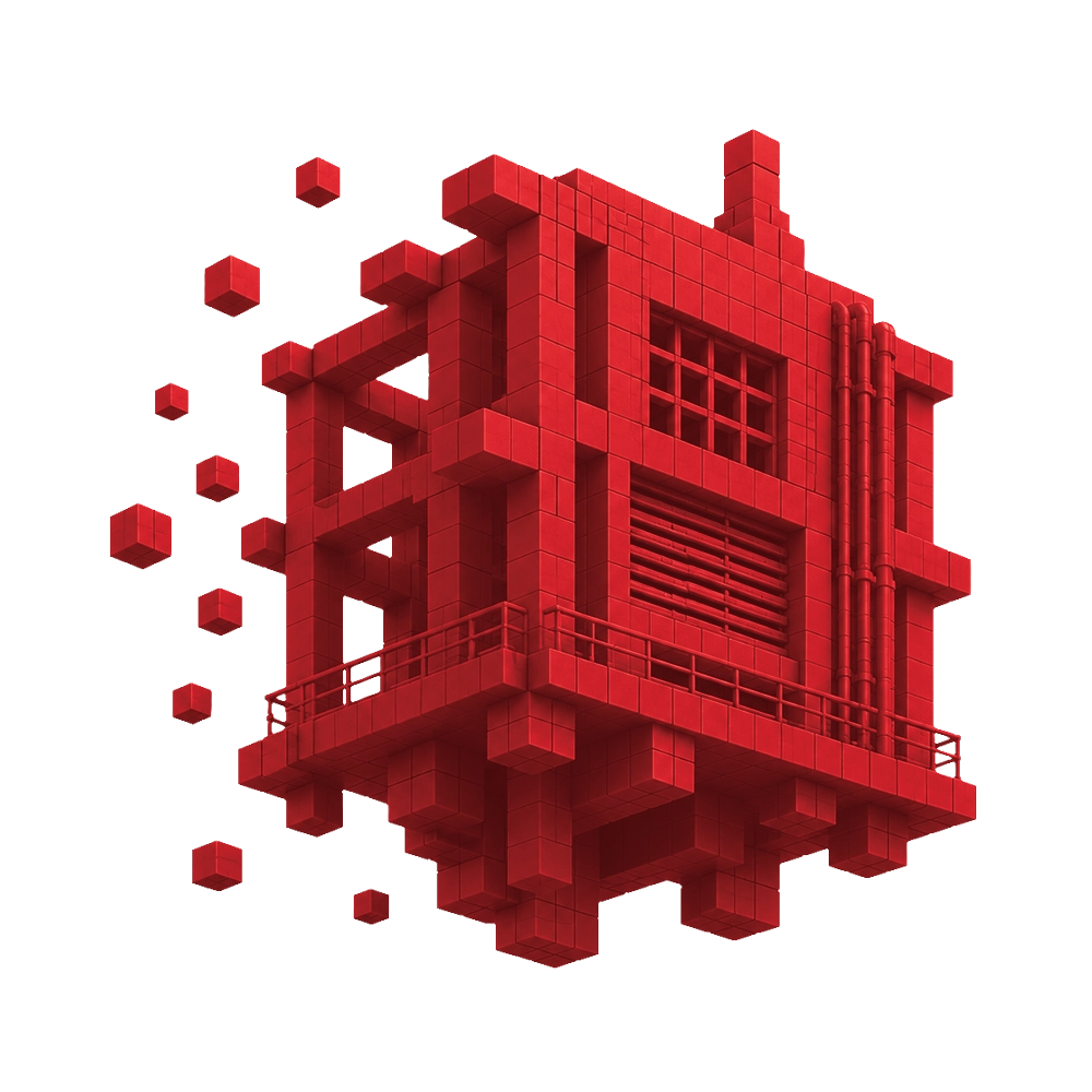 Wohngebäude im Stil einer abstrakten 3D-Pixelgrafik die Bauleitung symbolisiert